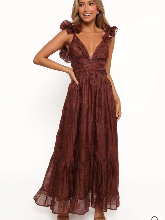 Petal & Pup Dresses & Skirts - Petal & Pup Harmony Dress - Brown Ruffled Strap V-Neck Maxi